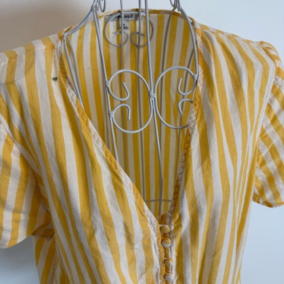 Madewell Agency Tie-Front Button Top Pompano Stripe cotton SZ M white yellow - Picture 3 of 9